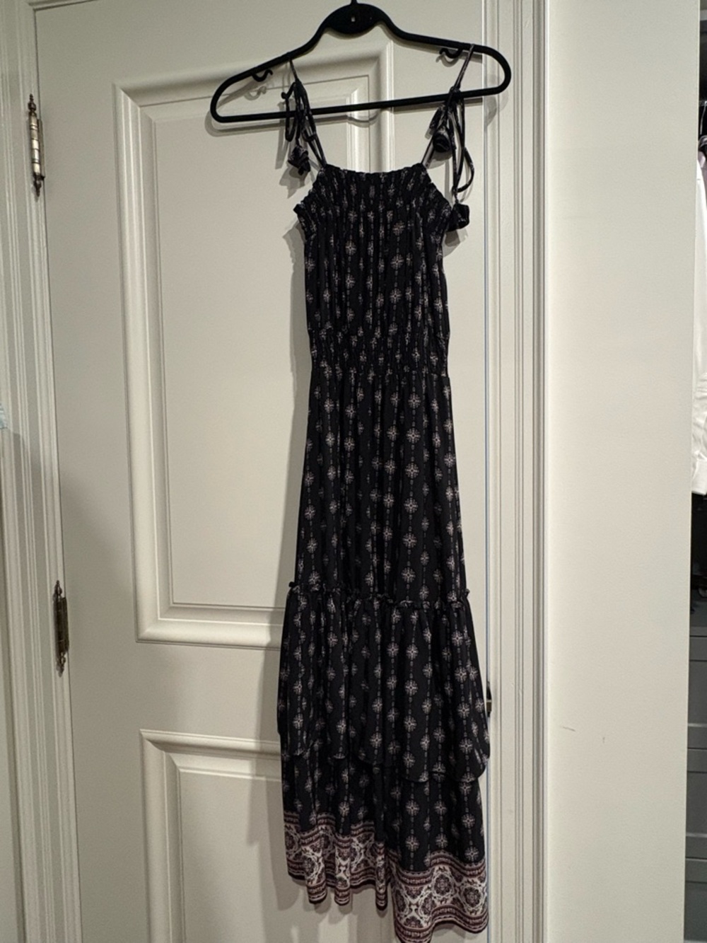 MISA Los Angeles Smocked Midi Dress – Black Boho Print – Size Small